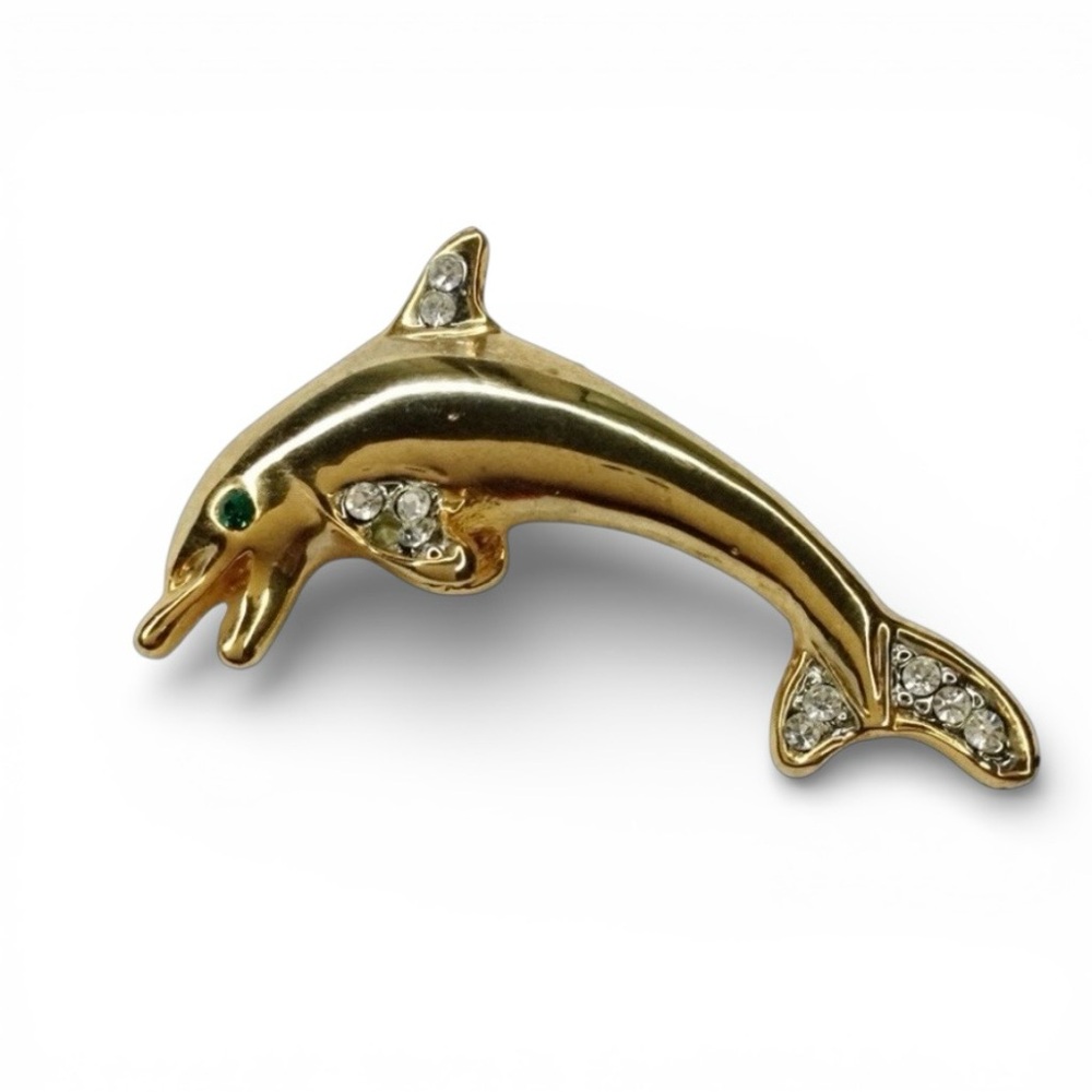 Vintage Gold Tone Dolphin Brooch – Green Eye & Rhinestone Accents - Picture 4 of 11